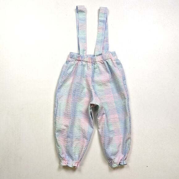 Vintage Pants Girls Size 24m Pastel Plaid Suspender Seersucker Overalls - Picture 3 of 4